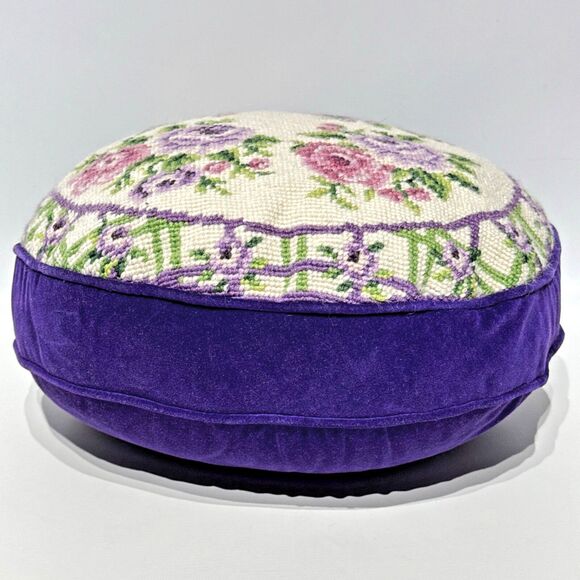 Grandma Pillow 12" Round Purple Velvet Floral Needlework Bed Couch Bedroom - Picture 6 of 7